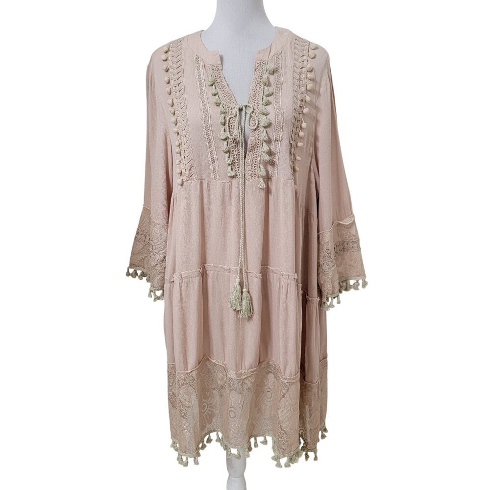 MISSLOOK Size L Creamy Beige Boho Tiered, Tassled Midi Dress